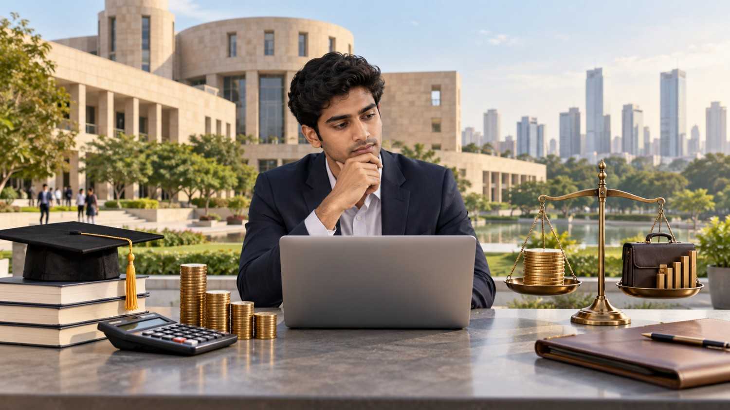 Indian MBA applicant comparing education costs and career returns with books, calculator, coins, balance scale and business growth symbols on a modern campus.